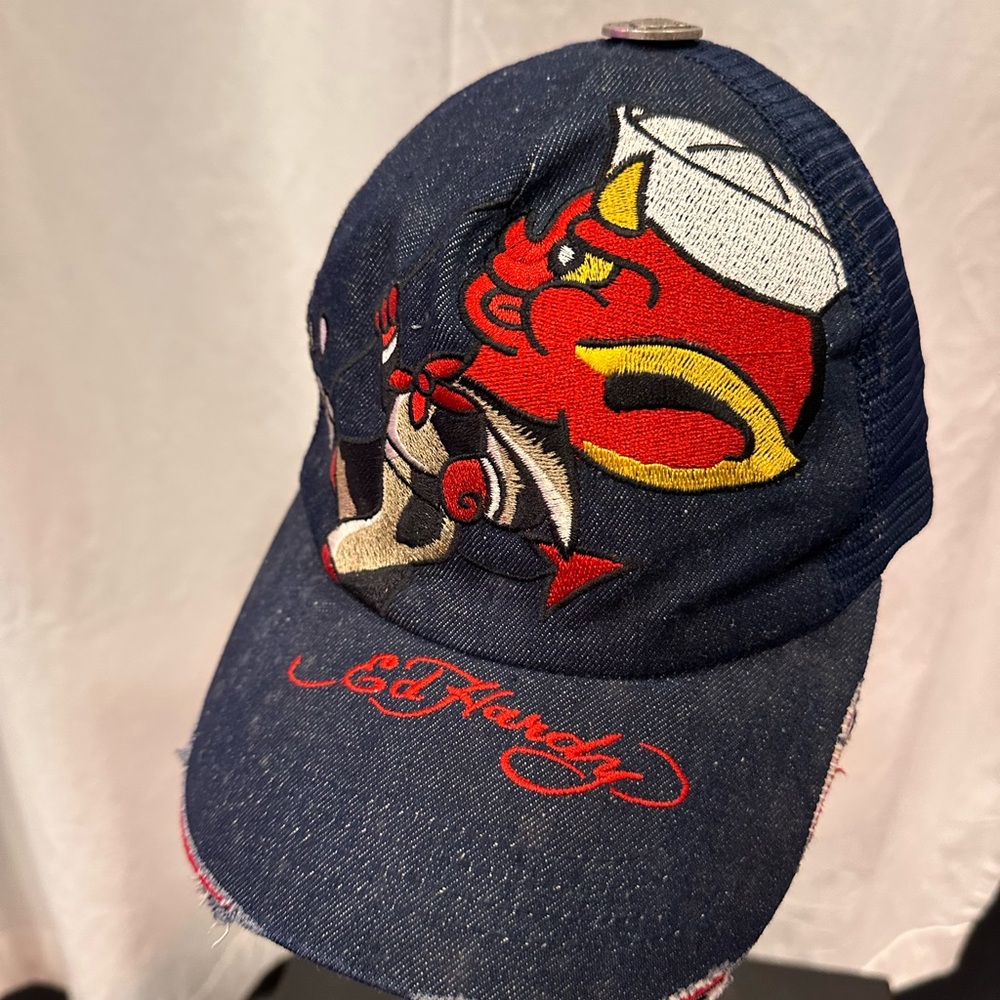 Ed Hardy Navy Denim Cap with Silver Button